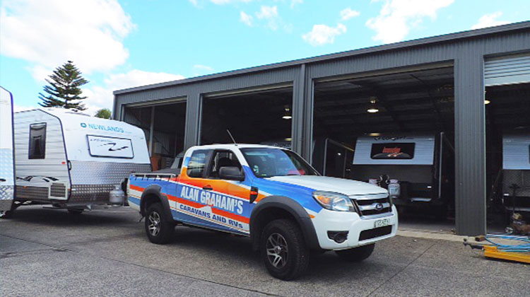 Alan Graham's service car is towing a Newlands caravan